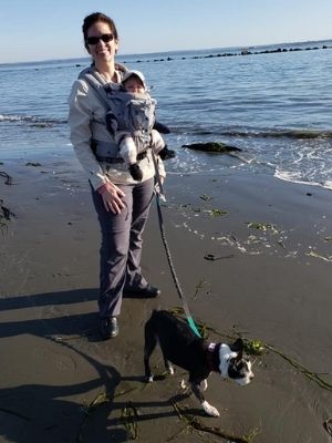 Lorien and Sagan walking Penny on the beach