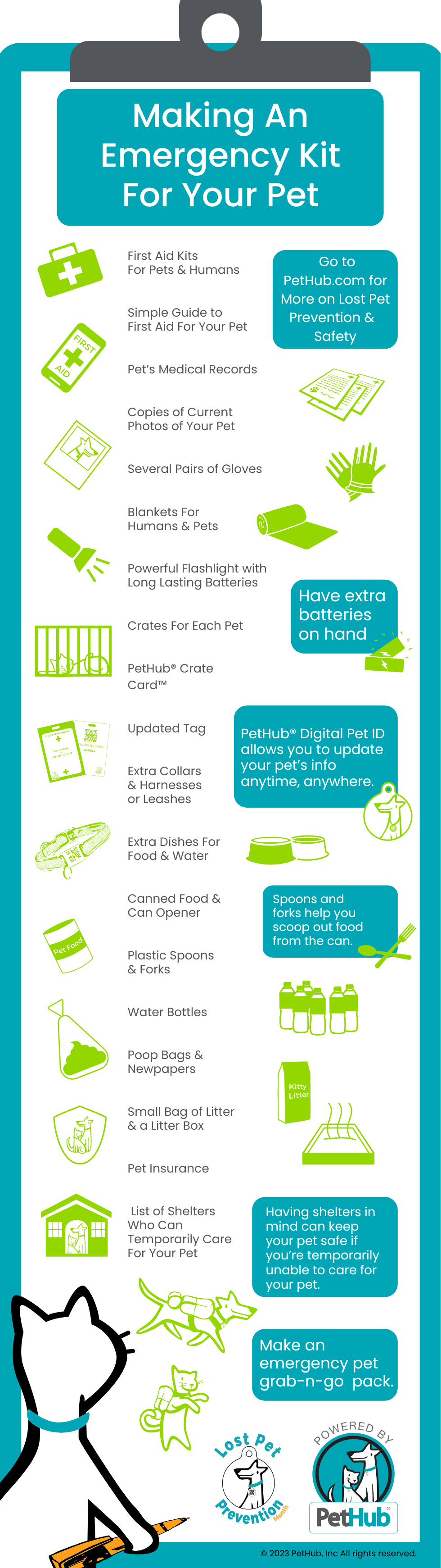 An infographic showing how to make an emergency grab-n-go kit for your pet.